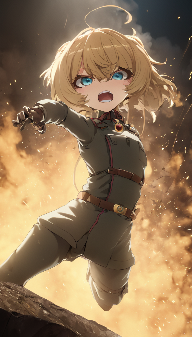 Cinematic scene, hero view, Tanya Degurechaff, Youjo Senki <lora:tanya_degurechaff_xl_v7:1>, action pose, detailed background, masterpiece, best quality, high quality, absurdres, detailed skin texture, (blush:0.5), (goosebumps:0.5), subsurface scattering