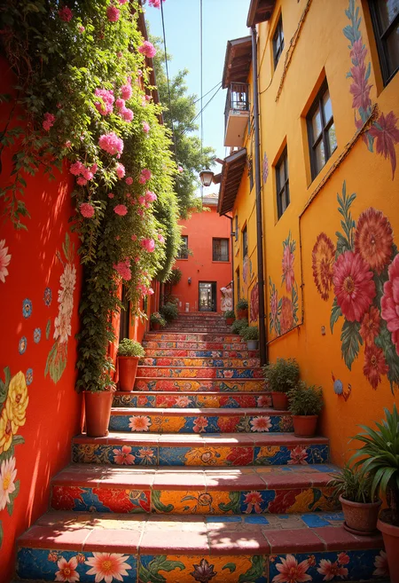 A vibrant, sunlit outdoor staircase in a Mediterranean or Mexican-inspired village. The steps are covered with intricate, hand-painted floral tiles in bold, vivid colors of red, blue, yellow, and green, each step uniquely patterned with bright flowers. The surrounding walls are painted in a rich orange and yellow hue, adorned with large, stylized floral murals that match the steps' designs. Lush, tropical plants with green foliage and blooming pink and red flowers cascade over the walls, adding to the lively, colorful atmosphere. The lighting is bright and natural, casting soft shadows that enhance the textures of the paint and tiles. A festive, cheerful ambiance fills the scene. <lora:Sinfully_Stylish_.02_for_FLUX:0.6> <lora:FluxDFaeTasticDetails:0.7>, c0l0rw0rldd <lora:color-world:0.5>
