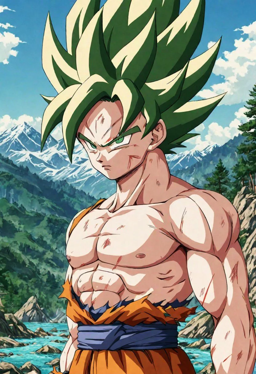 Portrait close( Son Goku Sayan Namek, Clothes 75% Broken,Serious:1.0), green eyes, in amazing background montains, forest, sea, nature, 8k detailed face,
