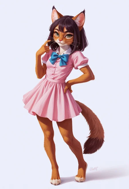 score_9, score_8_up, score_7_up, score_6_up, score_5_up, score_4_up, source_furry, sharp focus, high contrast, artistic
(pencil drawing, ballpoint pen drawing \(style\):1.4)
BREAK
1girl, solo, looking at viewer, confident smile, short sleeves, small dress, closed mouth, standing, tail, hand up, bowtie, pink dress, furry, cat girl, furry female
<lora:Blue_2:1.5>