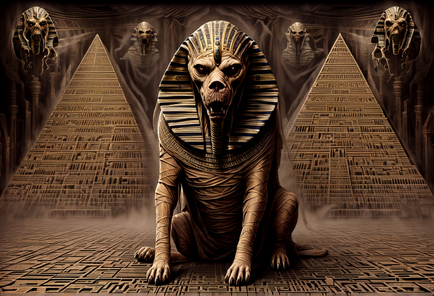 H.P. Lovecraft book cover (dog:1.2)Hellhound in (eddie:1.5) style, looking like a mummy,bloody, flesh, dripping blood, scary, in egypt, pyramids,  hyper detailed, highly intricate,fog,,. Unnamable ancient one, incomprehensible sanity-blasting geometries, cosmic horror