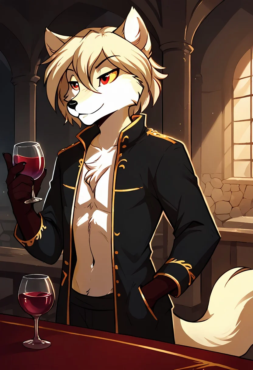 score_9, score_8_up, score_7_up,score_6_up,score_5_up, source_furry
BREAK
solo, furry male anthro, flat chest, (seductive), medieval red and black jacket with golden trim, (indoors, standing, palace), A glass of wine, a glass of wine in your hand
BREAK
<lora:Clovis-Twokinds-SDXL-AnonTK-V2:0.85>, clovis-twokinds, keidran, mammal, fox tail, red eyes, yellow sclera, <lora:p:0.35>