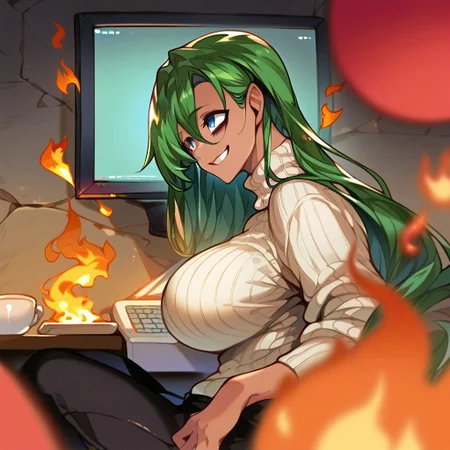 score_9, score_8_up, score_7_up, score_6_up, 1girl, solo, dark skin, tan skin, long hair with long locks, dark green hair, white turtle neck sweater, black pants

this_is_fine_meme, girl, sitting, fire, smile, face, blue eyes, burning room, computer servers on fire, dead eyes, empty eyes, bags under eyes, side view, looking at computer, a monitor on the wall red pixel font text that says "MAINTENANCE MODE" in the center. server room, red screen computer