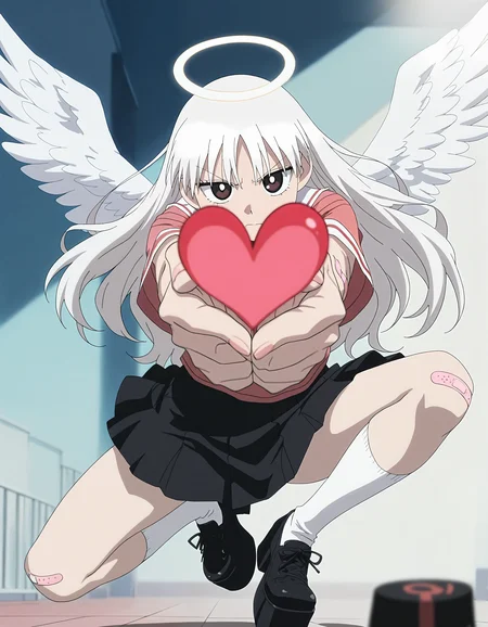 masterpiece, best quality, good quality, newest, highres, absurdres,<lora:Azumanga_style-000013:1>,azumanga_illu, style parody,anime screenshot,1girl, wings, heart, solo, long hair, skirt, socks, white hair, bandaid, black skirt, angel wings, bangs, looking at viewer, platform footwear, black footwear,foreshortening ,dynamic pose, depth of field, film grain,blurry edges,