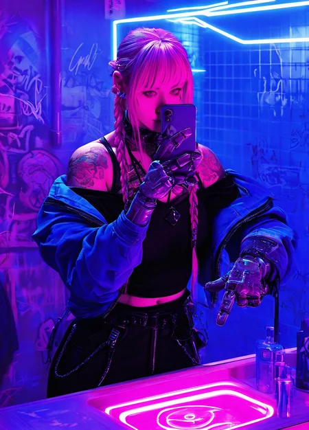 realistic,
masterpiece, best quality, amazing quality, highres, absurdres, very aesthetic, very awa,expert shading, ultra detailed, UHD, 8K,
BREAK,
N3onSp3ctra,realism, N3onSp3ctra, 1girl, solo, tattoo, pink hair, twin braids, braid, holding, phone, mirror, cyberpunk, graffiti, indoors, punk outfit, one mechanical arm, jacket off-shoulder, yellow. <lora:NeonSpectra-000006:0.75>