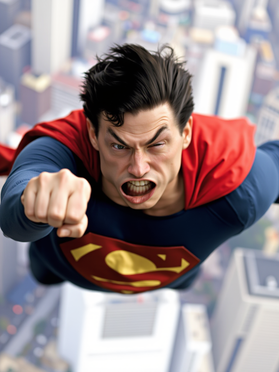 w1nd8l0wn photo, high-resolution cinematic scene of superman flying through the sky, with an extremely large wide-open mouth showing his teeth, and one eye squinting while the other is staring. He stretches one fist forward in a powerful, iconic pose. He soars above a bustling cityscape blurred in the background, emphasizing his speed and altitude. Strong headwind visible as streaks of wind. motion blur shaky cam footage
