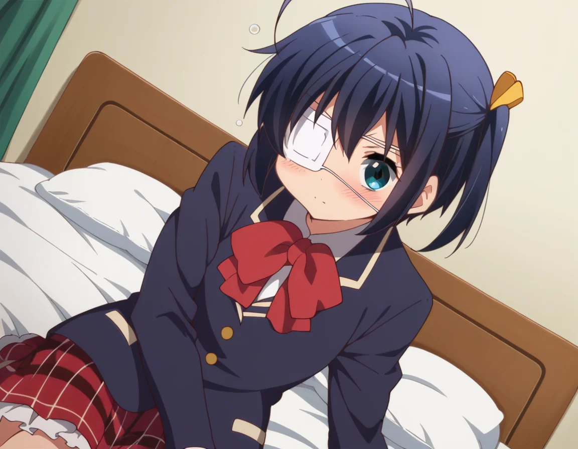 score_9, score_8_up, score_7_up, source_anime,
rikkatakanashi, <lora:rikka-takanashi-s2-ponyxl-lora-nochekaiser:1>,
rikka takanashi, short hair, blue eyes, black hair, ahoge, one side up, eyepatch, medical eyepatch,
skirt, school uniform, jacket, plaid, kneehighs, plaid skirt, blazer, icho private high school uniform,
indoors, bed, bed room, on side, blush, drunk,
looking at viewer, cowboy shot, dutch angle, solo,