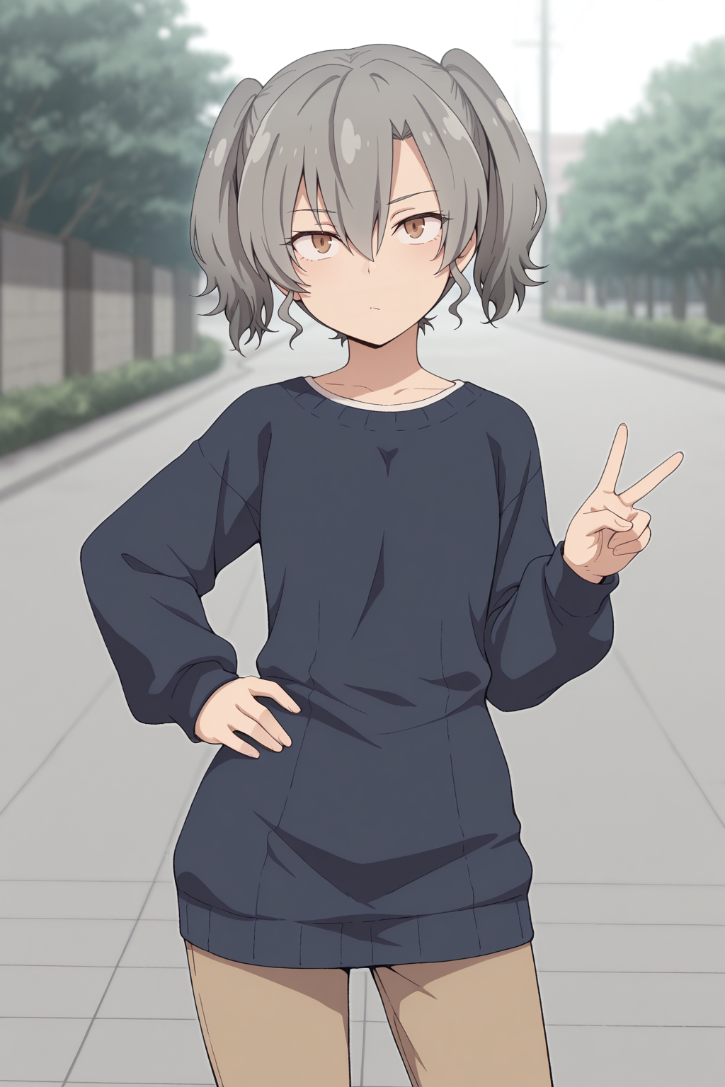 masterpiece, best quality, amazing quality, 1girl, sh10r1s41t0u, grey hair, short hair, twintails, hair between eyes, brown eyes, dark blue sweater_dress, brown pants, outdoors, aesthetic, hand on own hip, v, solo