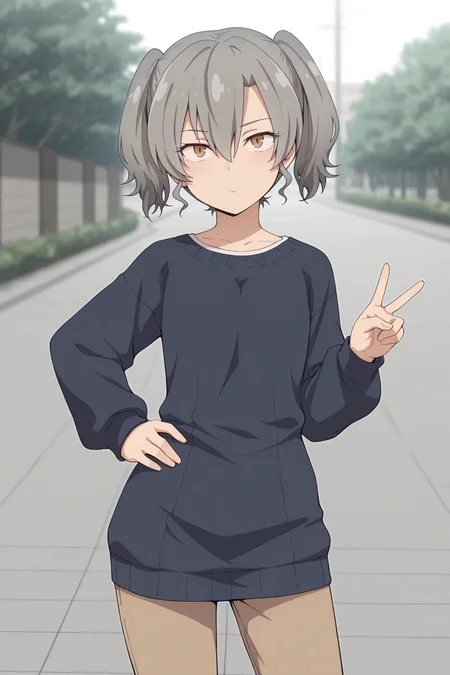 masterpiece, best quality, amazing quality, 1girl, sh10r1s41t0u, grey hair, short hair, twintails, hair between eyes, brown eyes, dark blue sweater_dress, brown pants, outdoors, aesthetic, hand on own hip, v, solo