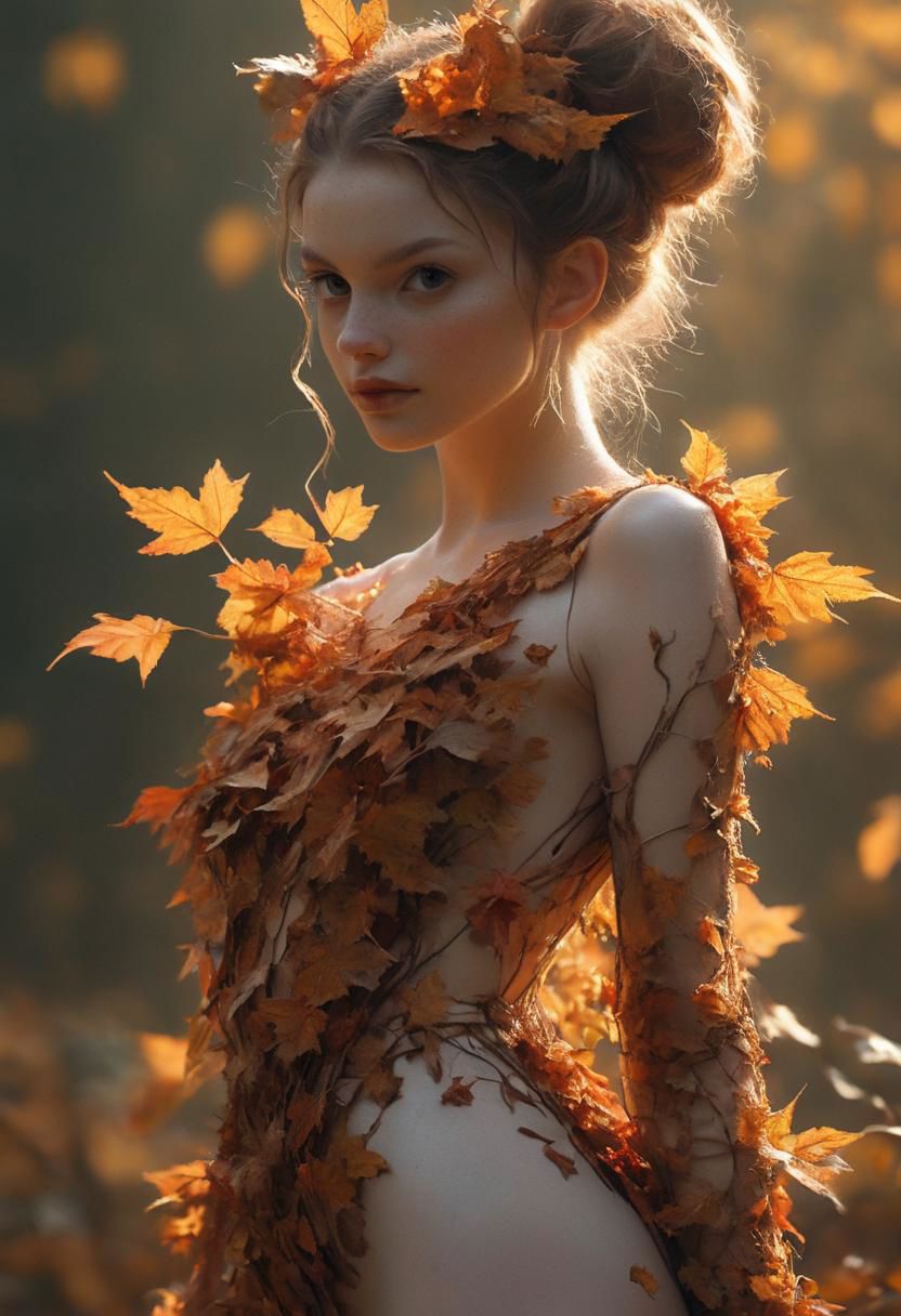 petite woman in See through full Bodysuit completely Made of autumn leafes, Standing on tiptoes, Hairbun, Freckles, light smile, 
very detailed, hd, RAW photograph, masterpiece, top quality, best quality, official art,highest detailed, atmospheric lighting, cinematic composition, complex multiple subjects, 4k HDR, vibrant, highly detailed, Leica Q2 with Summilux 35mm f/1.2 ASPH, Ultra High Resolution, wallpaper, 8K, Rich texture details, hyper detailed, detailed eyes, detailed background, dramatic angle, epic composition, high quality , (8k, RAW photo, highest quality), hyperrealistic,