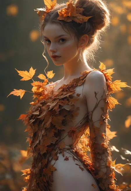 petite woman in See through full Bodysuit completely Made of autumn leafes, Standing on tiptoes, Hairbun, Freckles, light smile, 
very detailed, hd, RAW photograph, masterpiece, top quality, best quality, official art,highest detailed, atmospheric lighting, cinematic composition, complex multiple subjects, 4k HDR, vibrant, highly detailed, Leica Q2 with Summilux 35mm f/1.2 ASPH, Ultra High Resolution, wallpaper, 8K, Rich texture details, hyper detailed, detailed eyes, detailed background, dramatic angle, epic composition, high quality , (8k, RAW photo, highest quality), hyperrealistic,