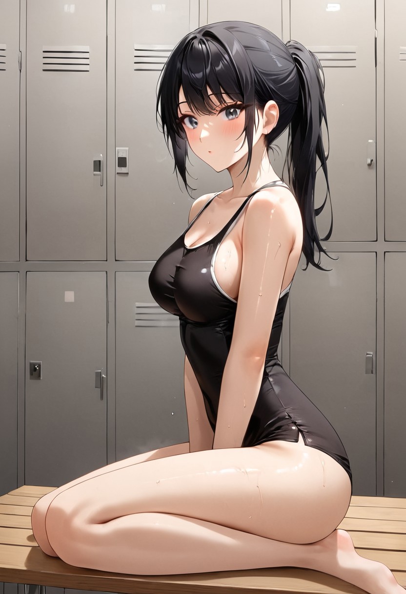 L87_L0nd03,, 1girl, long black hair, medium breasts, black short dress, locker room,