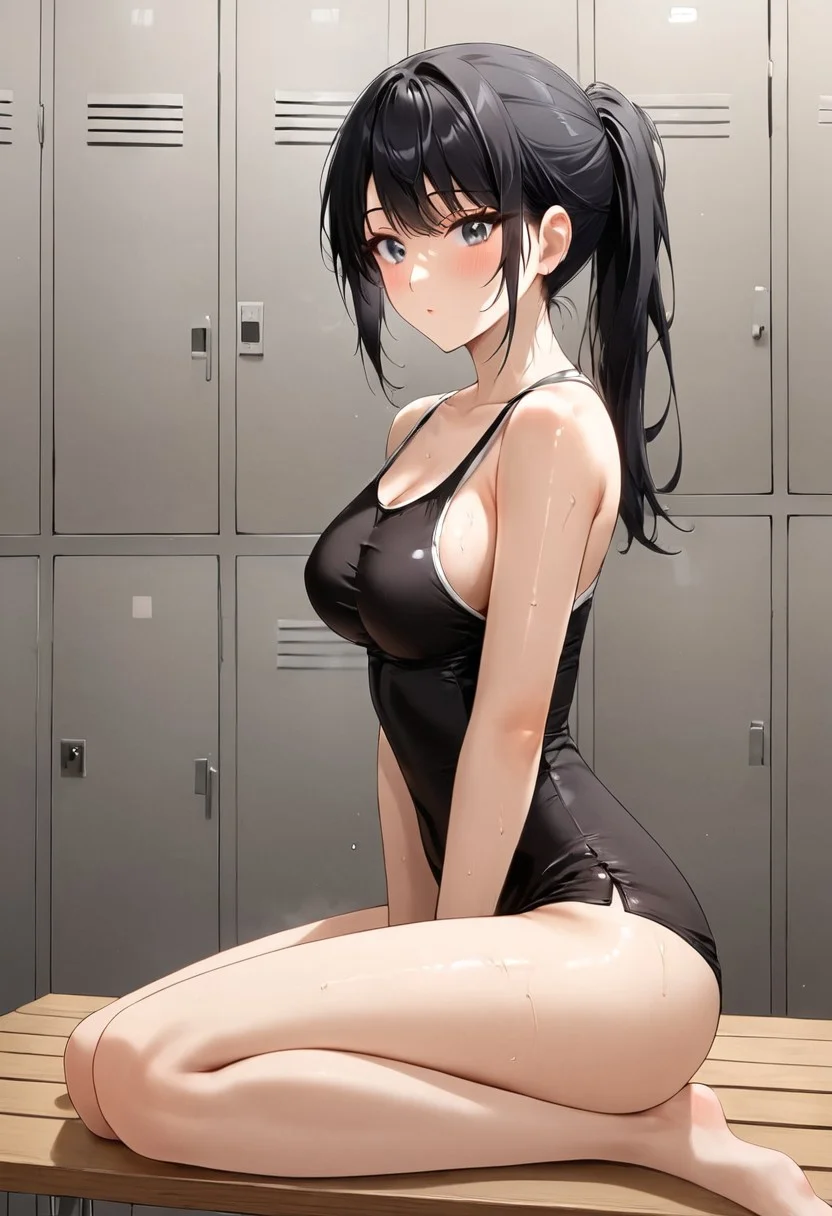 L87_L0nd03,, 1girl, long black hair, medium breasts, black short dress, locker room,