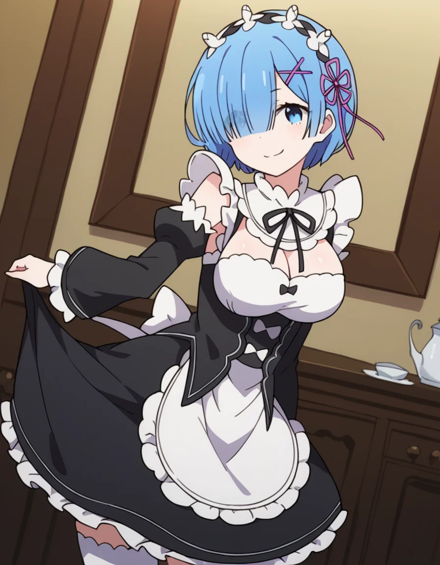 score_9, score_8_up, score_7_up, source_anime, <lora:rezero-rem-s1-ponyxl-lora-nochekaiser:1>, rem, blue eyes, blue hair, hair ornament, hair over one eye, hair ribbon, short hair, x hair ornament, large breasts,, apron, black bow, black dress, black ribbon, bow, detached sleeves, dress, frilled apron, frilled sleeves, frills, juliet sleeves, long sleeves, maid, neck ribbon, puffy sleeves, ribbon, roswaal mansion maid uniform, thighhighs, two-tone dress, waist apron, white bow, white dress, white thighhighs,, indoors, bent over, smile, smug, looking at viewer, solo,, cowboy shot, dutch angle