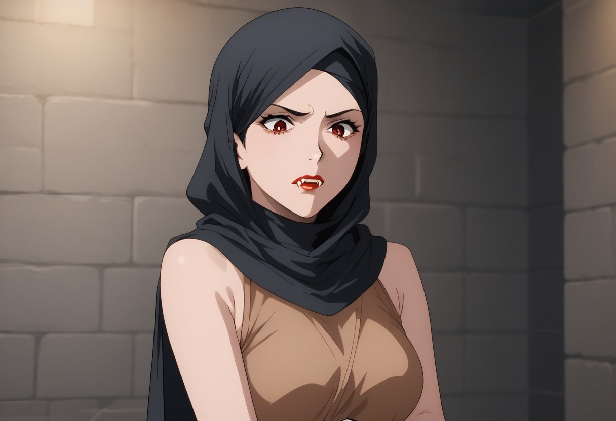 score_9, score_8_up, score_7_up, score_6_up, score_5_up, score_4_up, source_explicit, BREAK, solo:1.6, 1girl, vampire, black hair, red eyes, brown cloth tube-tob, midriff,  (dungeon background:1.5), (long black hair sticking out from black hijab:), long black hair:1.7,  sleeveless, vampire fangs, , pale skin, , sm_an_stl, source_anime, anime screencap, anime, animification, BREAK,  , hijab , ((brown hemp top)), ((brown hemp clothing)),  stone walls, wall torches, bangs sticking out from hijab, stern expression,,  standing, bending down, discovering foot prints, investigating, looking down, thinking, cowboy shot , stone brick  well, (zoom out), establishing shot,