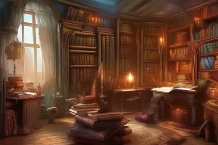 a fantasy bedroom that is also the owner's personal library with books everywhere
FanStu