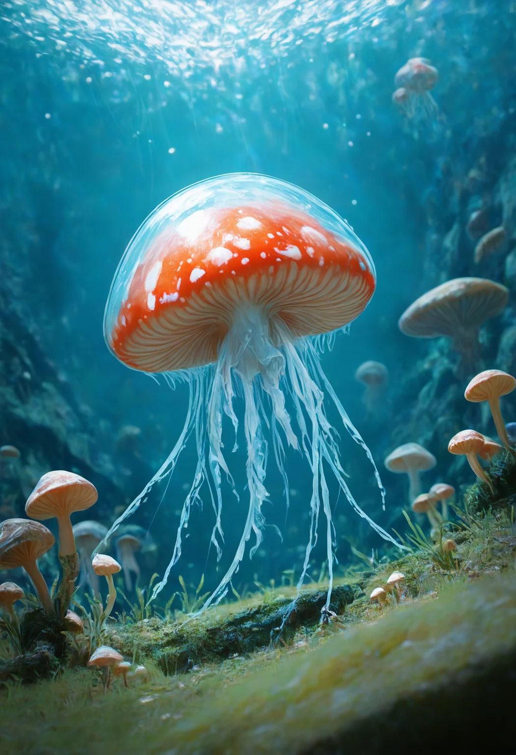 no_humans, blurry_background, depth_of_field, grass, plant, scenery, underwater, realistic, animal_focus, mushroom, bokeh, jellyfish, moss, depth of field, photo \(medium\),
best quality, very awa, highres, newest