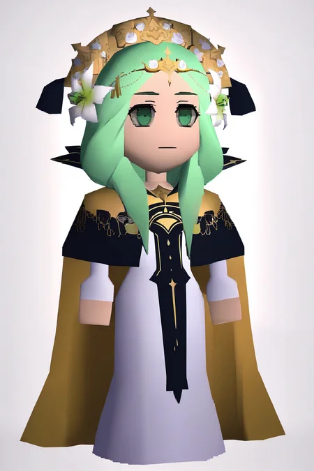 masterpiece, best quality, 1girl, solo, <lora:ferhea-illu-nvwls-v1-000005:1> dfrh3a, green hair, long hair, green eyes, gold headdress, hair flower, tiara, blue and gold cape, high collar, white dress, long dress, gold brooch, blue tabard, long sleeves  <lora:FF7-Chibi-illus_Fp:1> full body, simple background, 3d, chibi, white background