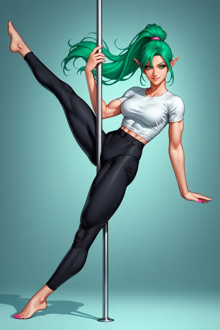 score_9, score_8_up, score_7_up, very aesthetic, high resolution, high quality, source_anime, anime, anime style, anime coloring, (1girl, solo), young woman, green hair, hair in ponytail, eye shadow, pink nails, sexy elf woman, shoulder long hair,
lean body, (perky_breasts:1.2), medium breasts, fit body proportion, Yoga Pants, T-Shirt, barefoot,
(exotic pole dancing:1.3), (airborne:1.6), Flexible, grabbing pole, Thigh Grip, Plantar Flexion, alluring look, smirk, dynamic pose, elegant, graceful, Balancing