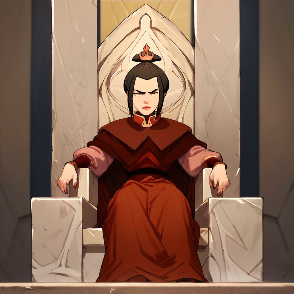 score_9, score_8_up, score_7_up, score_6_up, score_5_up, score_4_up, rating_safe, 1girl, Azula, sitting on a throne, eyebrow raised