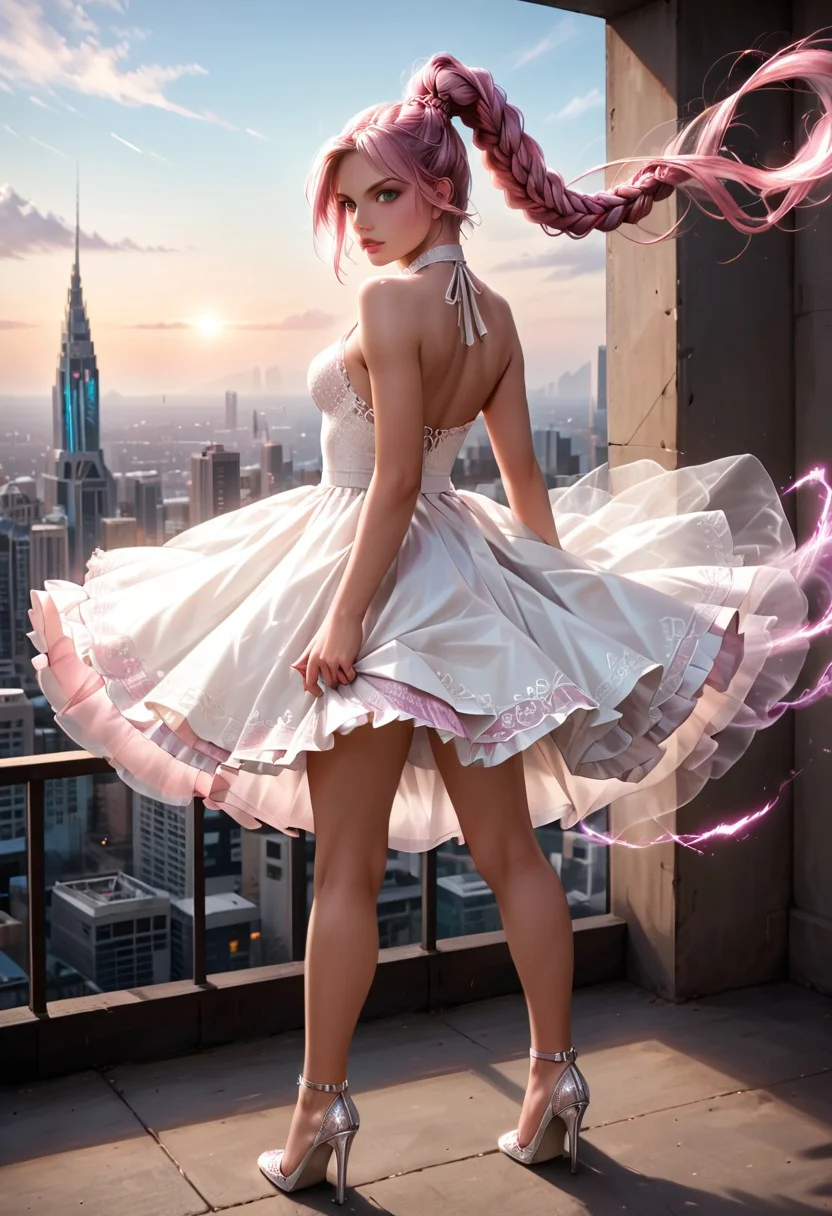 score_9, score_8_up, score_7_up, masterpiece, high quality, realistic, raw lighting, best quality, ultra-detailed, hyper-realistic, neon pink aura, extremely detailed, photo-realistic, 1girl, solo, detailed face, thick braided hair in a high ponytail, parted lips tinted a radiant purple, wearing an extremely short ruffled mini-dress in white lace, backless design, nails painted lilac, strappy silver heels, windy upskirt, white panty, panty visible, background: open-air penthouse lounge with a glowing city skyline, stance that commands enraptured attention,