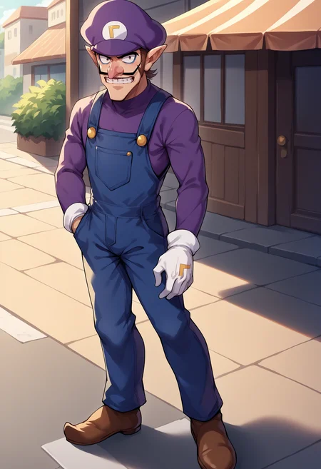 score_9, score_8_up, source_anime, 1boy, solo, Waluigi, mustache, teeth, pointy ears, brown hair, hat, purple headwear, purple shirt, long sleeves, overalls, white gloves, brown shoes, outdoors, street, standing, <lora:ChamWaluigiPonyXL:1>