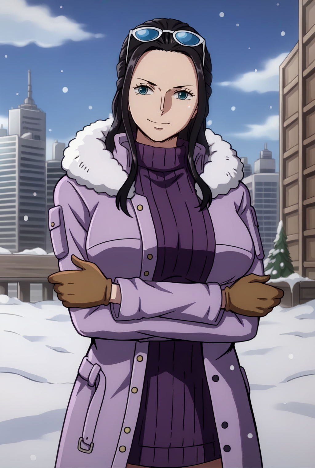 score_9, score_8_up, source_anime,  BREAK solo, 1girl, looking at viewer, cowboy shot,
<lora:NicoRobinAIOPostPart3PdxlDwnsty-000008:0.8>, heartofgnr, blue eyes, black hair, hair slicked back, long hair, ribbed sweater, purple turtleneck, purple coat, trench coat, long sleeves, brown gloves, eyewear on head, sunglasses, fur trim, fur-trimmed sleeves, 
large breasts,  breasts, smile, crossed arms, 
outdoors, city, tokyo, cloudy sky, winter, snow, snowing,