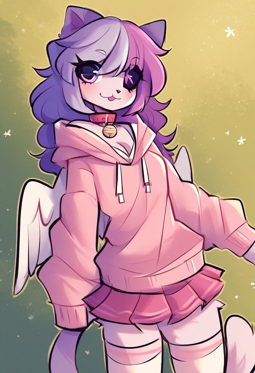 rating_excplicit, digital_media_(artwork) hi_res, score_9, score_8_up, score_7_up, score_6_up, score_5_up, score_4_up, source_anime, beautiful, intricate, high quality details, highly detailed, amazing quality, source_furry, (best quality:1.2), ultra high res, highres, high quality, 4k, cute, (masterpiece), solo, 1girl, ashley, furry, body fur, two-tone fur, cat, cat ears, cat tail, heterochromia, purple hair, pink hair, multicolored hair, purple eyes, thighhighs, long sleeves, collar, skirt, pink skirt, pleated skirt, choker, off shoulder, sweater, hoodie, cleavage, wings, outdoors