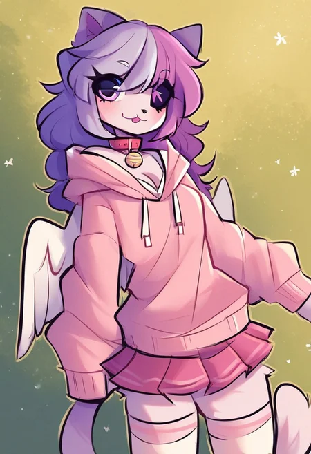 rating_excplicit, digital_media_(artwork) hi_res, score_9, score_8_up, score_7_up, score_6_up, score_5_up, score_4_up, source_anime, beautiful, intricate, high quality details, highly detailed, amazing quality, source_furry, (best quality:1.2), ultra high res, highres, high quality, 4k, cute, (masterpiece), solo, 1girl, ashley, furry, body fur, two-tone fur, cat, cat ears, cat tail, heterochromia, purple hair, pink hair, multicolored hair, purple eyes, thighhighs, long sleeves, collar, skirt, pink skirt, pleated skirt, choker, off shoulder, sweater, hoodie, cleavage, wings, outdoors