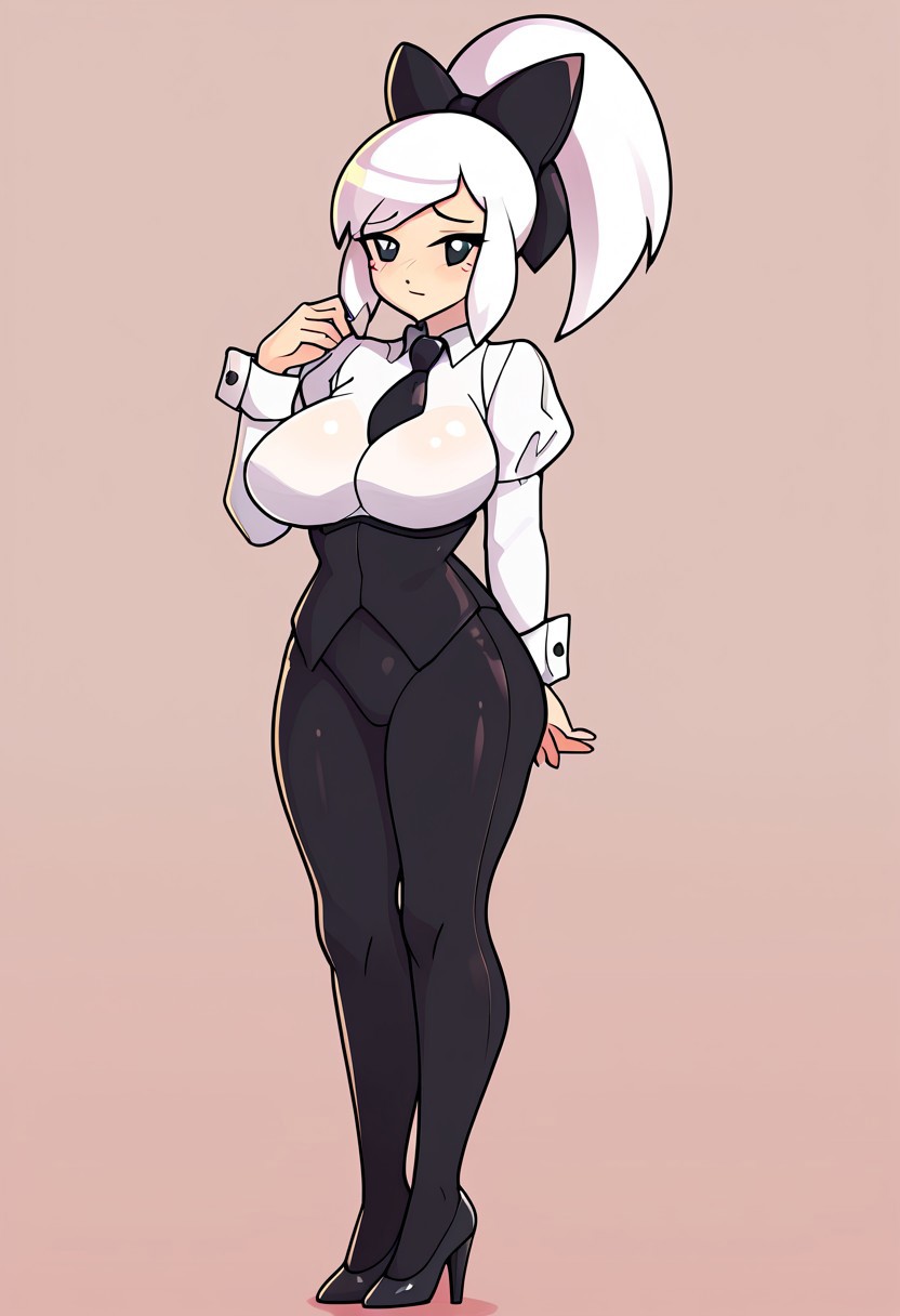 score_9, score_8_up, score_7_up, score_6_up, score_5_up, score_4_up, source_cartoon, <lora:confetti-extract- ponyxl:0.85>, detailed eyes, easynegative, rating_explicit, Expressiveh, 1girl, solo,
Geraldine, shirt, long sleeves, closed mouth, white shirt, white hair, ponytail, sidelocks, thighs, hair bow, collared shirt, pants, puffy sleeves, bowtie, black eyes,  wrist cuffs, black bow, dress shirt, swept bangs, black pants,  high ponytail, juliet sleeves,  black bowtie,  sleeve cuffs, traditional bowtie, necktie, high heels, black heels, big breasts, blush, shy