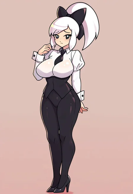 score_9, score_8_up, score_7_up, score_6_up, score_5_up, score_4_up, source_cartoon, <lora:confetti-extract- ponyxl:0.85>, detailed eyes, easynegative, rating_explicit, Expressiveh, 1girl, solo,
Geraldine, shirt, long sleeves, closed mouth, white shirt, white hair, ponytail, sidelocks, thighs, hair bow, collared shirt, pants, puffy sleeves, bowtie, black eyes,  wrist cuffs, black bow, dress shirt, swept bangs, black pants,  high ponytail, juliet sleeves,  black bowtie,  sleeve cuffs, traditional bowtie, necktie, high heels, black heels, big breasts, blush, shy