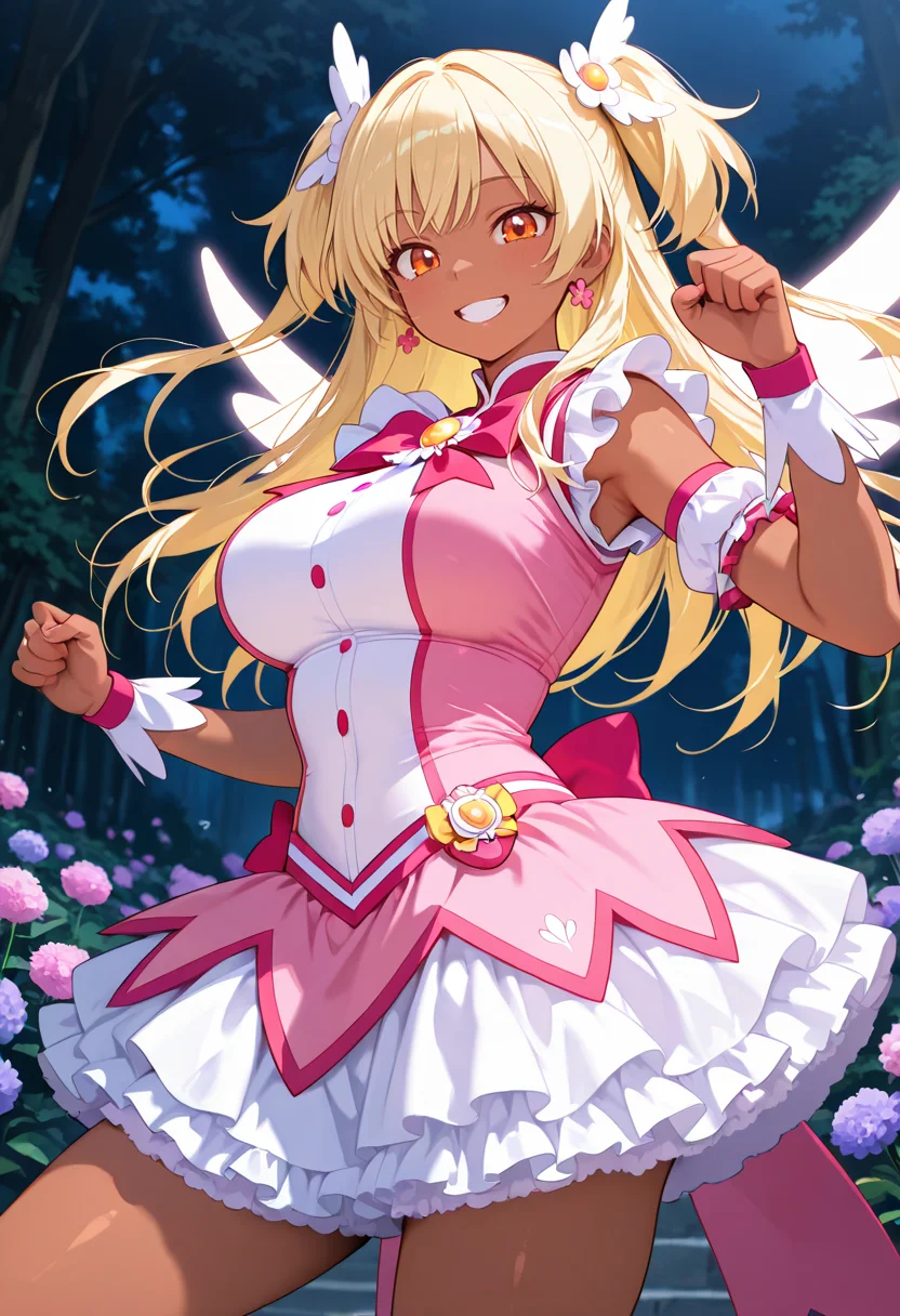 masterpiece,best quality,amazing quality, very aesthetic, ((outlined outlined vector graphics)), cute face, (glow eyes:0.5) ,  from front,  looking at viewer ,beautiful scenery,
1girl,
20yo, large breast, orange eyes, (blonde hair:1.3),long hair, (two side up:1.1), (dark skin:1.2), dark skin girl, (tall:1.2), ,bangs
,
pink  clothes, (focus female), grin, happy, action pose, (clothed:1.1),
magical girl outfit, magical girl, frilles, happy,   wings , open eyes , (kawaii) ,  , flowers <lora:magical-girl-outfit-il-20:0.8>