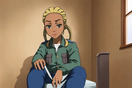 Turks 18 years old woman Blonde Pigtail Braids, in the Bathroom, Standing with one foot raised and resting on a chair, Corduroy jacket with jeans, EdobBoondocksArtStyle  <lora:EdobBoondocksArtStyle_v2.0:0.8>