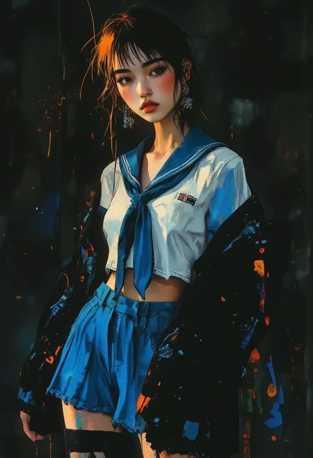 midjourney_whisper_avant_couture, OBxiaoxiang, inksplash portrait of stunning oriental woman, short cropped sailor blouse with blue ribbon, pleated blue miniskirt, blue thigh-highs, direct gaze, light hitting one side of face, dark background