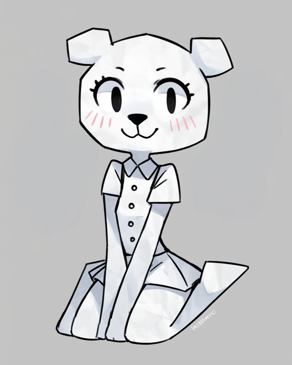 score_9, score_8_up, 1girl, Teri, anthro, animal ears, blush, white fur, black eyes, white shirt, white skirt, buttons, looking at viewer, full body, smile, on knees, dynamic angle, zPDXL3, <lora:Teri_PDXL:1>