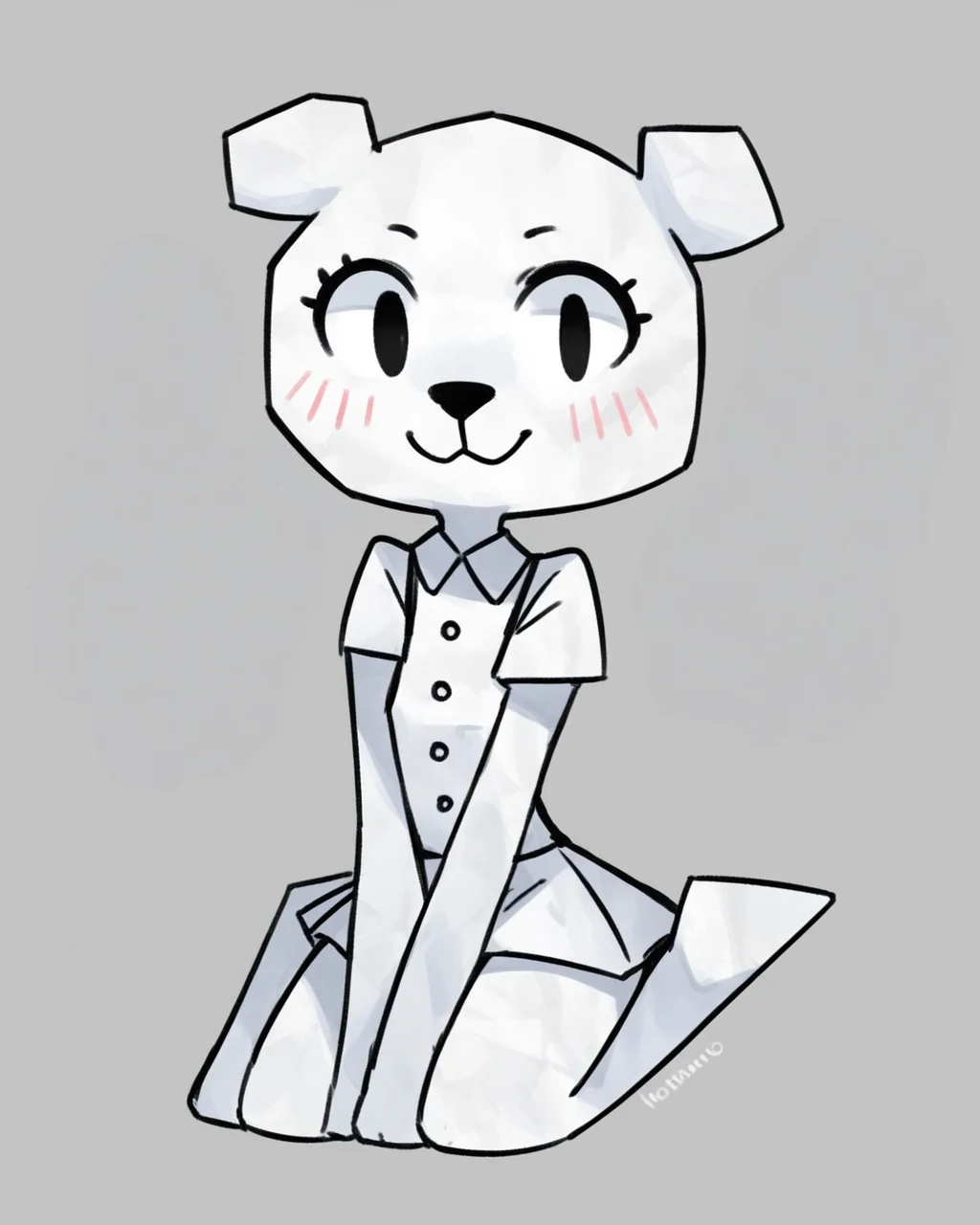 score_9, score_8_up, 1girl, Teri, anthro, animal ears, blush, white fur, black eyes, white shirt, white skirt, buttons, looking at viewer, full body, smile, on knees, dynamic angle, zPDXL3, <lora:Teri_PDXL:1>