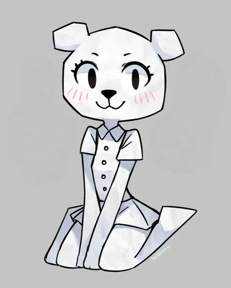 score_9, score_8_up, 1girl, Teri, anthro, animal ears, blush, white fur, black eyes, white shirt, white skirt, buttons, looking at viewer, full body, smile, on knees, dynamic angle, zPDXL3, <lora:Teri_PDXL:1>