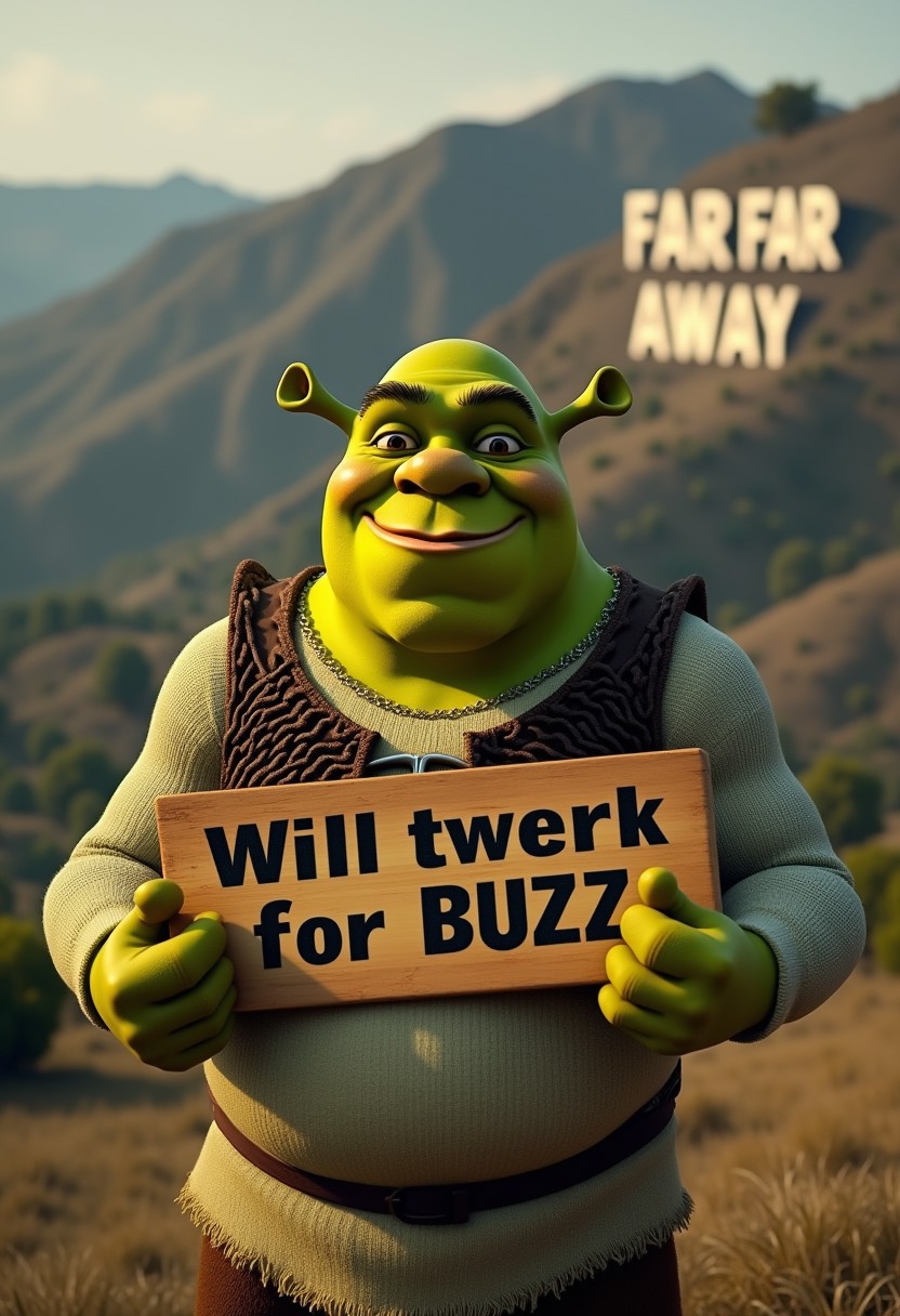 First - Shrek with a friendly smile is holding a humorous sign that reads "Will twerk for Buzz"
Second -  The background features a hilly landscape with a large, stylized sign in the distance that reads "FAR FAR AWAY" resembling a famous Hollywood-style sign. The scene is photorealistic, capturing the texture of the ogre's skin and the details of the environment, with the ogre standing confidently as he presents the sign."
Raw, realistic, 4k, masterpiece, somber lighting