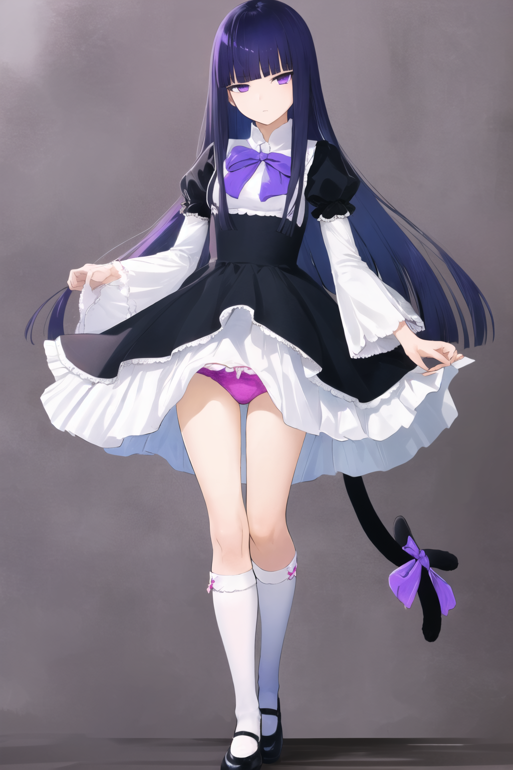 masterpiece, best quality, ultra-detailed,   frederica bernkastel, purple eyes, purple hair, long hair, bow, purple bow, blunt bangs, dress, frilled dress, black dress, cat tail, tail, purple tail bow, tail ornament, tail ribbon, white kneehighs, kneehighs, mary janes,  kneehighs bow, empty eyes, blunt bangs, expressionless, skirt lift, standing, pink panties, holding skirt, puffy sleeves, frills