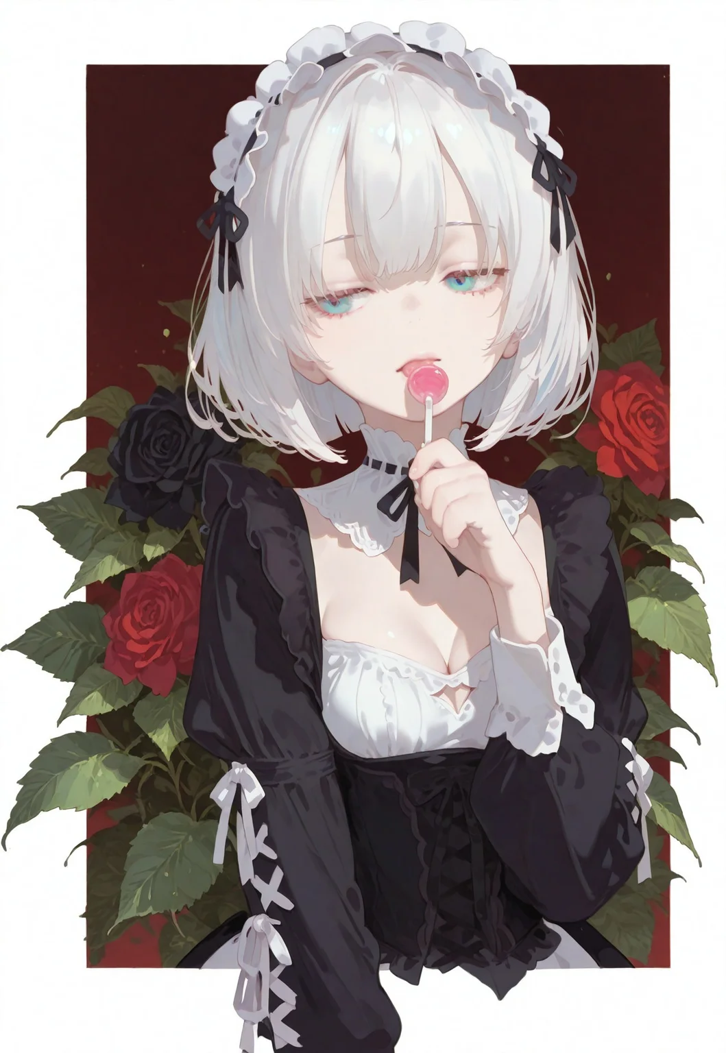 masterpiece, best quality, good quality, newest, highres, absurdres, 

pastel cyan eyes, white hair, bob cut,
victorian black maid dress, frilled skirt, half closed eyes, dazed, emotionless, small breasts, cleavage,

1girl, solo, upper body, roses, hand up, licking lollipop, looking to the side, leaf, red roses, black roses, gradient red background with thick white border,

hydrangea, laced sleeves, Ethereal Brushstroke, Flat vector illustration, Deadpuritystyle,