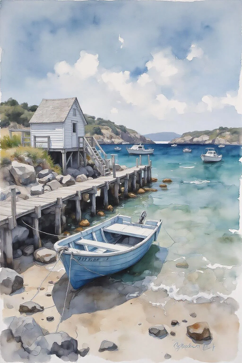 yawc1 watercolor.
A watercolor painting of a small boat on a beach. The boat is blue and white in color and is anchored at a wooden pier. The pier is made of wooden planks and is surrounded by rocks and pebbles. On the left side of the image, there is a small white building with a sloping roof and stairs leading up to it. In the background, there are other boats on the water and a rocky shoreline. The sky is blue with white clouds and the water is a deep blue-green color. The painting has a soft, dreamy quality to it, with the colors blending together to create a sense of depth and texture. <lora:yawcolor_nocap_d4a2:1.0> <lora:Flux-Sch-SingleBlocks-BF16:1.0><lora:798388533178951744:0>