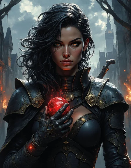 A bold ink and digital-painted portrait of a woman clad in gothic high-fantasy armor, her jet-black plate adorned with intricate silver filigree sketched in delicate ink. The background, a stormy battlefield, blends moody digital brushstrokes of deep grays and crimson lightning. Her face is partially illuminated by a glowing crystal embedded in her gauntlet, casting a cold, ethereal light across her sharp features. Ink lines emphasize the hard edges of her armor, while soft digital paint brings subtle gradients to the reflective surfaces. Positioned in the golden spiral, the glowing crystal draws the viewer's attention first, leading naturally to her defiant expression., (<lora:chargen_painterly_fantasy_portrait:0.75>) ,(<lora:Flux_Ink_Anime:0.75> inkpunk anime )