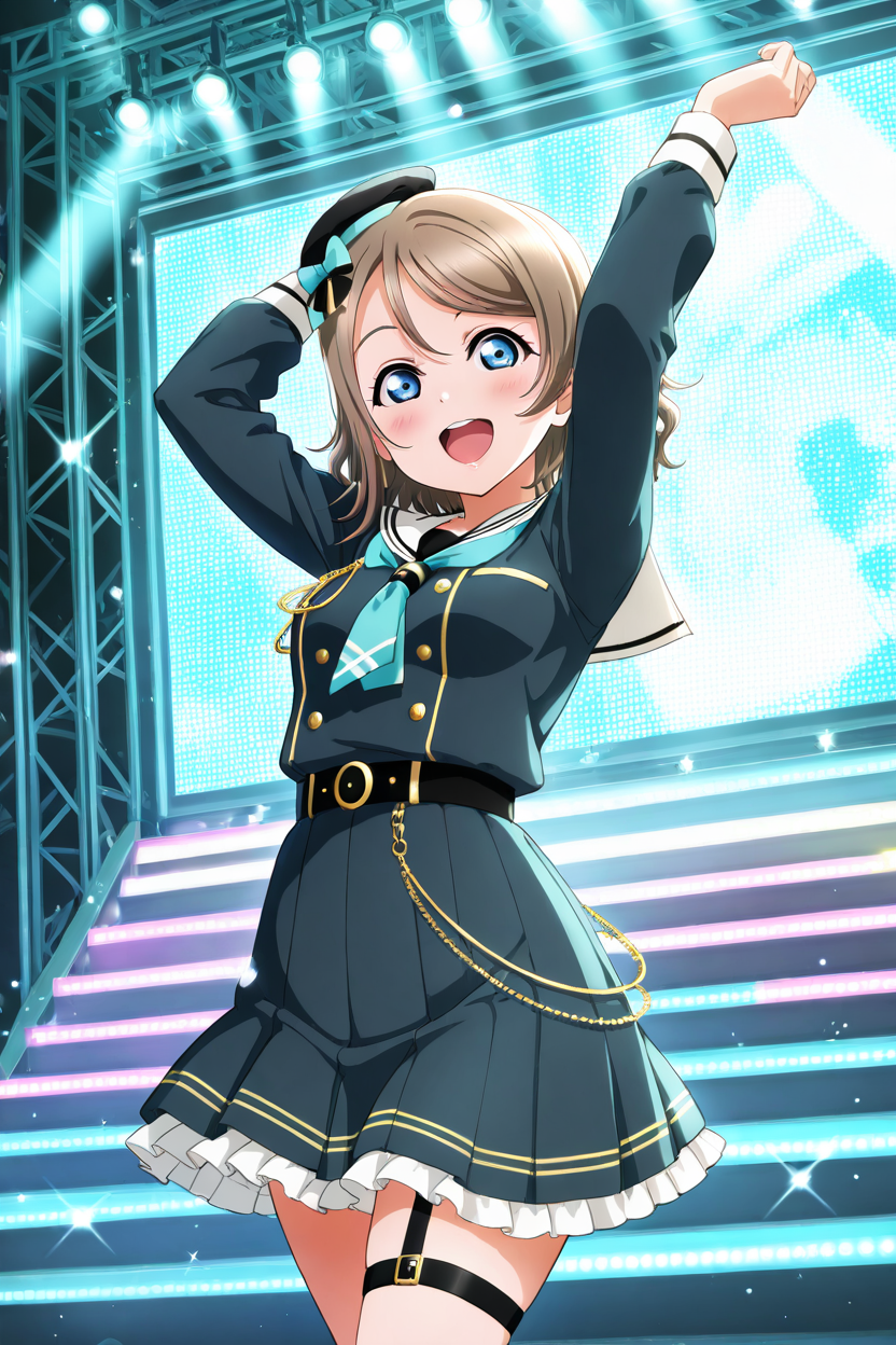 masterpiece, best quality, 1girl, solo, eyelashes, (beautiful eyes),   watanabe you, 1girl, arm up, belt, belt chain, blue eyes, blush, bow, grey hair, cube, frilled skirt, frills, garter straps, glowing, hat, hat bow, hat ribbon, kimi no hitomi o meguru bouken (love live!), long sleeves, looking at viewer, love live! sunshine!!, mini hat, nail polish, necktie, open mouth, pleated skirt, ribbon, sailor collar, screen, short hair, single garter strap, skirt, sleeve cuffs, solo, stage, stage lights,  ,<lora:LoveLiveSchoolIdolFestivalAllStarsIXL:1.0>,