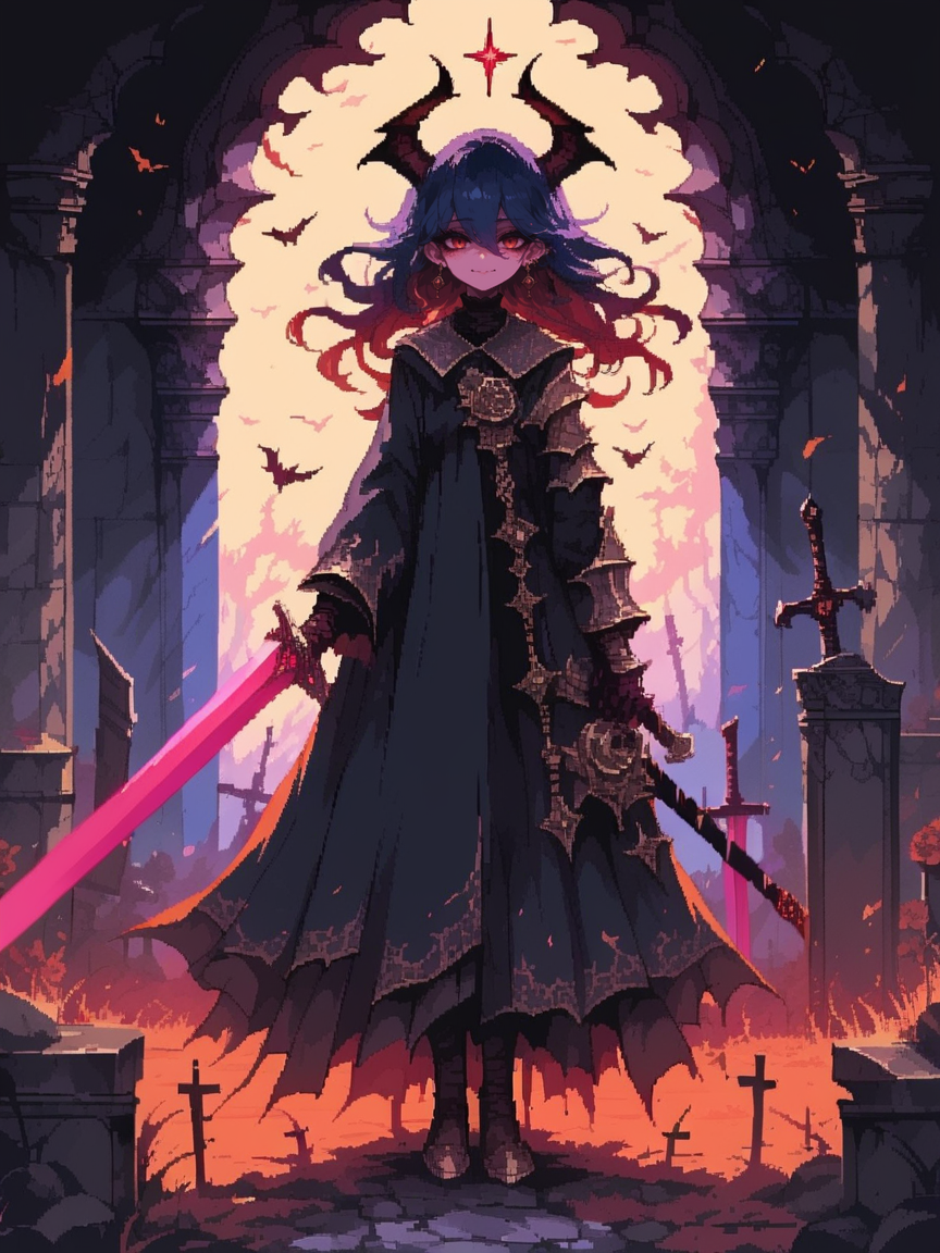 score_9, score_8_up, score_7_up, score_6_up, <lora:d3p1x3lXLP:1> d3p1x3l, pixel art, 1girl, sword, demon