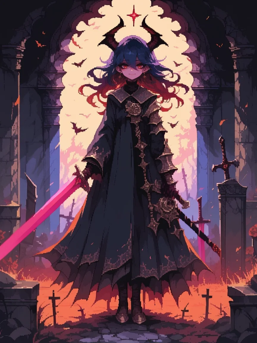 score_9, score_8_up, score_7_up, score_6_up, <lora:d3p1x3lXLP:1> d3p1x3l, pixel art, 1girl, sword, demon