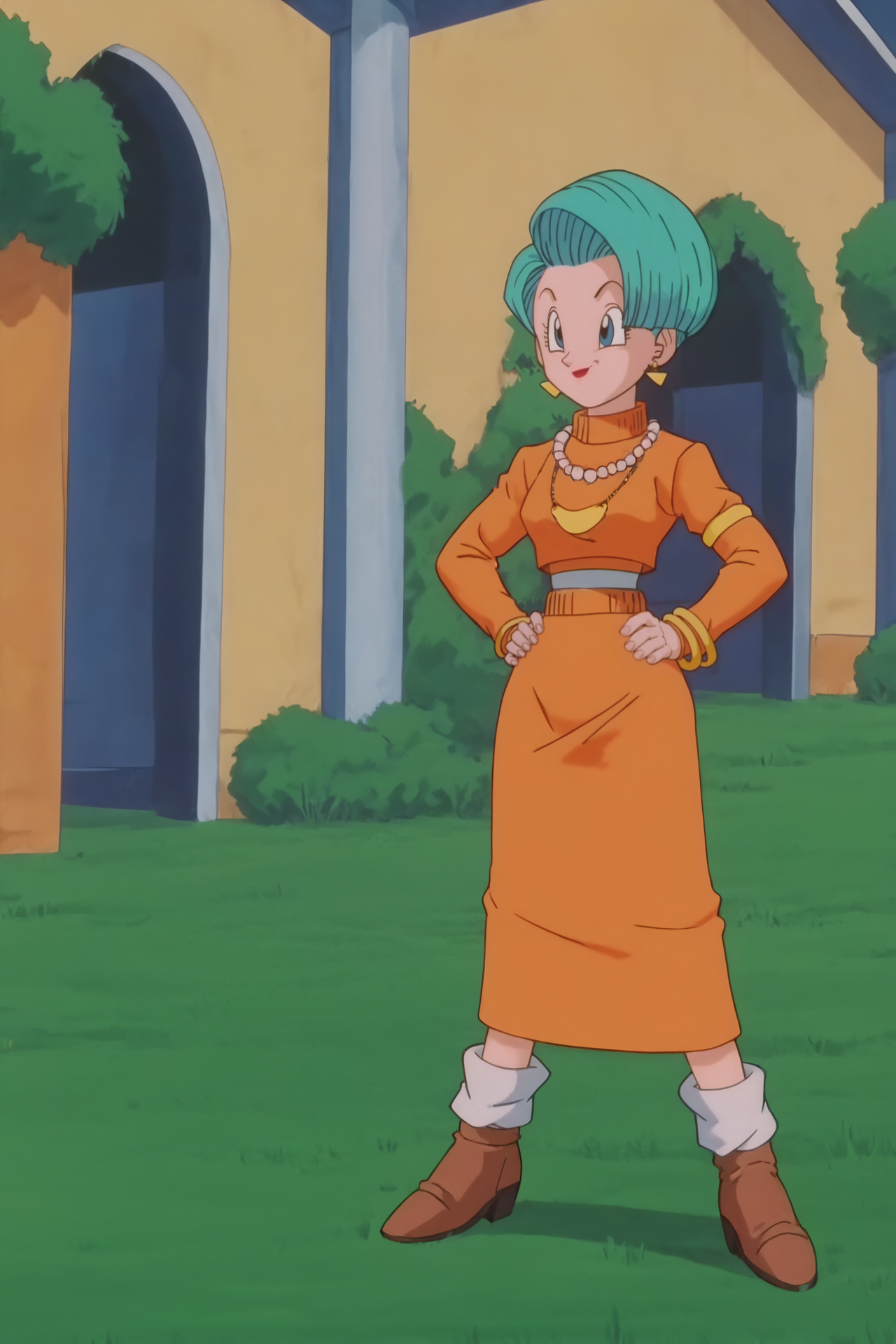 source_anime, score_9, score_8_up, score_7_up, anime screencap,8k, absurd res,
bulma, 1girl, solo, smile, short hair, blue eyes, outdoors, grass, fingernails, standing, full body, earrings, necklace, bracelet, aqua hair, armband, orange sweater, turtleneck sweater, midriff, undershirt, brown shirt, long sleeves, orange skirt, long skirt, loose socks, white legwear, boots, brown footwear, hands on hips, looking at another, pearl necklace
<lora:bulmaGT_pony_v1:0.8>