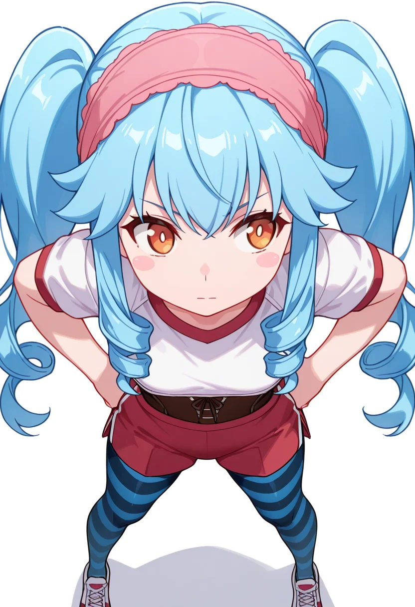 masterpiece,high quality details, absurdres, 
standing, hands on hips, feet apart, determined, looking forward,  ,
 <lora:Michiru_Kusagakure:0.8>
michiru_cnr, 1girl, blue hair, long hair, twintails, drill hair, sidelocks, orange eyes, blush stickers,hairband,, :|,, simple background, white background, from above,solo,, gym shirt,bustier,side slit pantyhose,,striped pantyhose,