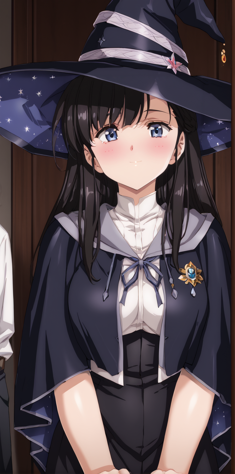1girl, 1boy, masterpiece, highres, high quality,night, dark room,
score_9, score_8_up, score_7_up, score_6_up, source_anime,
(mature female), cowboy shot, 
BREAK
indoors, (blush:2), seductive smile, smile, 
covered nipples, 
BREAK,
BREAK,
Mina, long hair, bangs, blue eyes, black hair, witch hat,<lora:Urushihara Satoshi_XL_PONY_V2:0.9>,<lora:WanderingWitch:0.8>