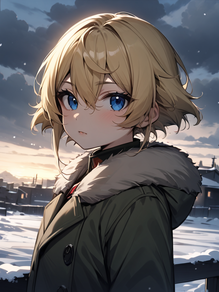 masterpiece,high resolution,
TanyaDegurechaff, 1girl, solo, looking at viewer, short hair, blue eyes, blonde hair, hair between eyes, upper body, outdoors, cloud, uniform, coat, fur trim, cloudy sky, snow
 <lora:tanya_XL:0.6>