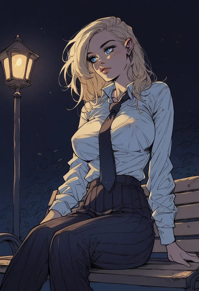 score_9, score_8_up, score_7_up, score_6_up, score_5_up, score_4_up, rating_explicit, source_western,  Ellie Buckingham, ((Bright Blond hair)), Blond Hair, Blond Bright blue eyes. Very large breasts, torpedo breasts, humongous breasts Western Style Artwork. Bold Lines, 
1 girl, sitting outside, on bench, street bench, night time, lamp post, lamp shining down, black pleated pants, ((white)) business shirt, tie, heavy coat, looking away
flat color, dark theme
sinozick style
1dk
